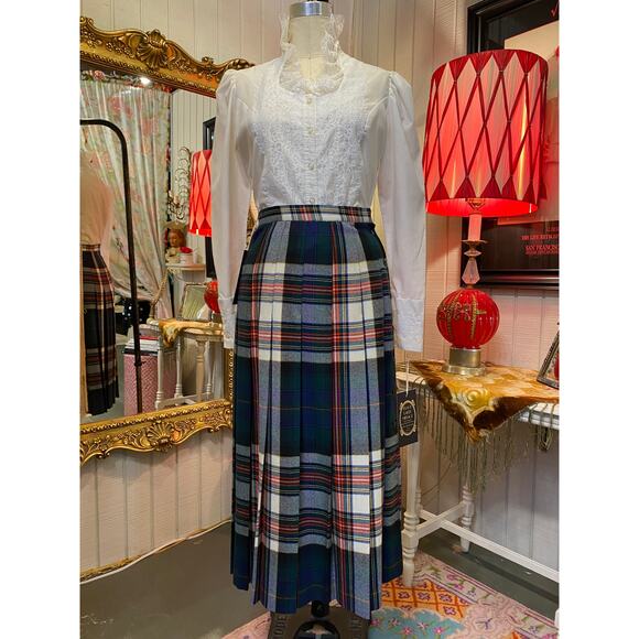 vintage 1970s pleated plaid wool skirt midi tartan small 27 timeless scottish - Picture 1 of 10